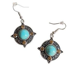 Boho Style Antique Silver Drop Earrings with Turquoise Stone